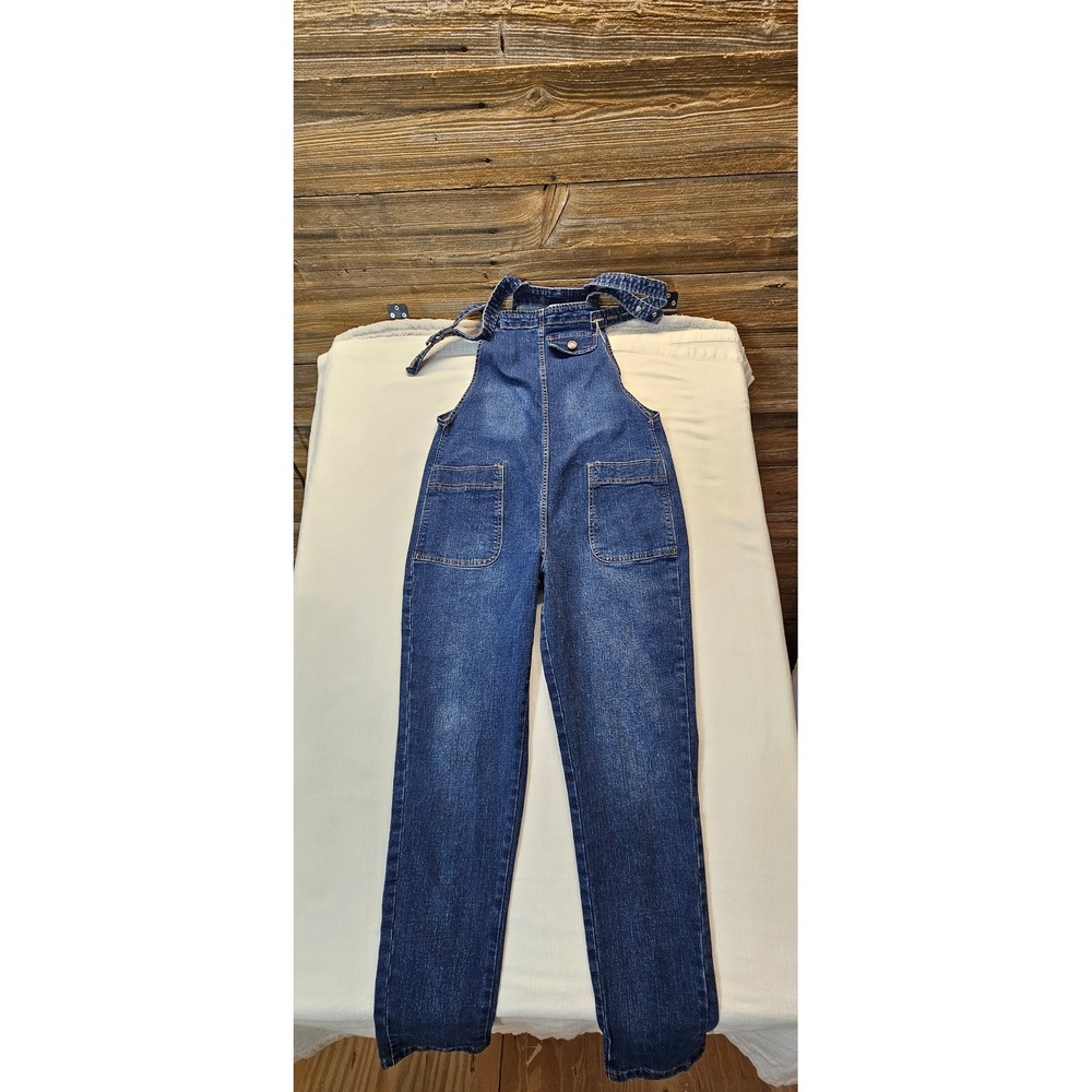 Blue Denim Bib Overalls Straight Leg Multi Pocket Dungarees Women Size S